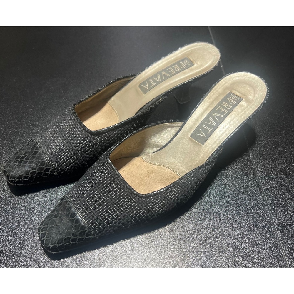 Vtg Prevata Black Woven Snakeskin Cap Toe Kitten Heel Mules Made in Italy 7.5 B